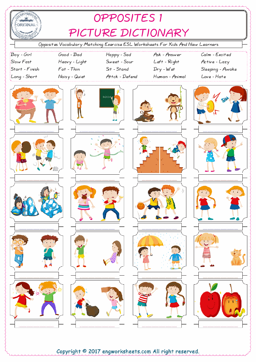  Opposites for Kids ESL Word Matching English Exercise Worksheet. 